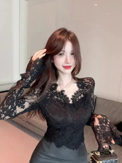 Bla Lace Floral Hollow out V-Ne Long Sve Women's Base irt Slim Fit Spring Autumn High Quali Sexy Top Korean Sle