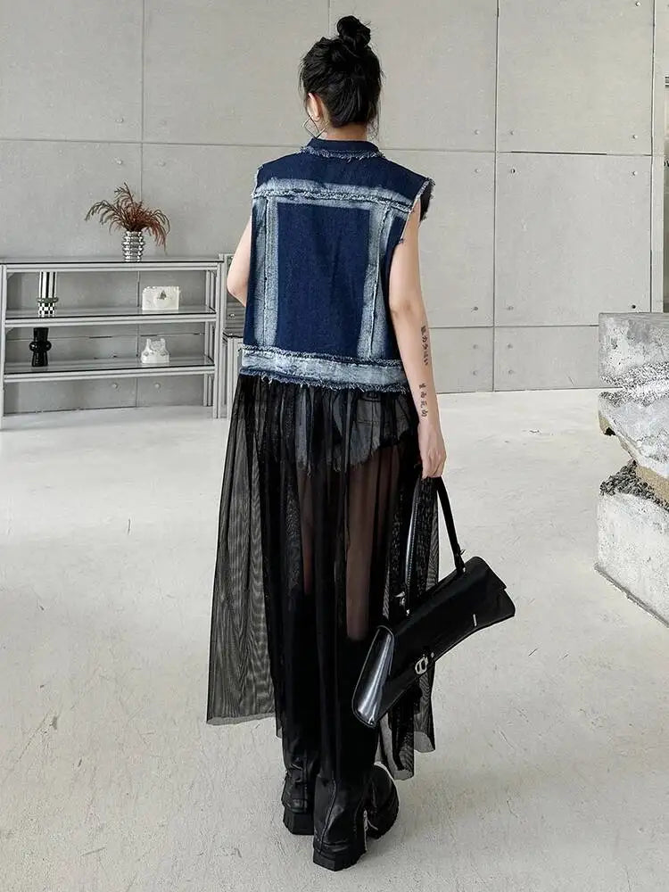 EAM Women Blue Denim Burr Mesh Color-block Big Size Blouse New Lapel Sleeveless Shirt Fashion Tide Spring Autumn 2026 1DJ2069