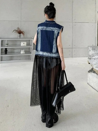 EAM Women Blue Denim Burr Mesh Color-block Big Size Blouse New Lapel Sleeveless Shirt Fashion Tide Spring Autumn 2026 1DJ2069