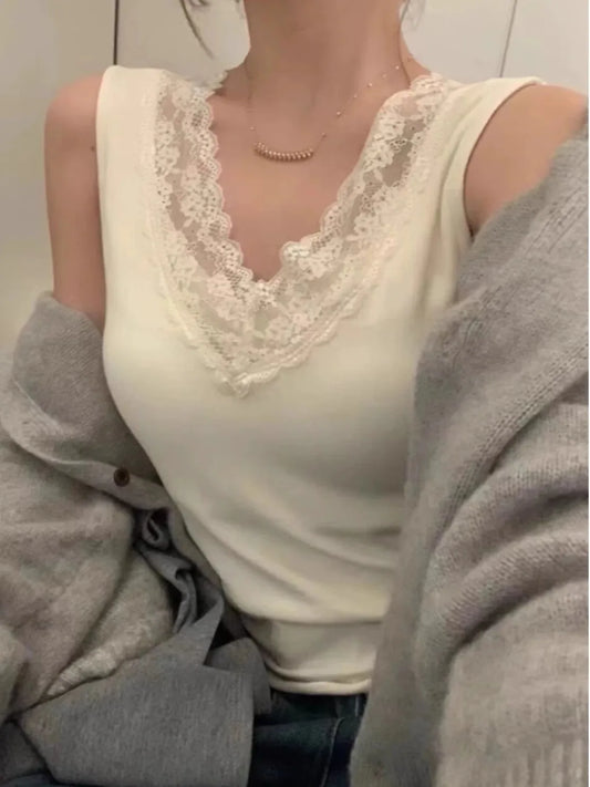 Spring Autumn Women's Slim Fit Lace Trim V-Ne Strap Vest Top Svel Inner Wear Base Layer Sweet Sle Elastic Fiber