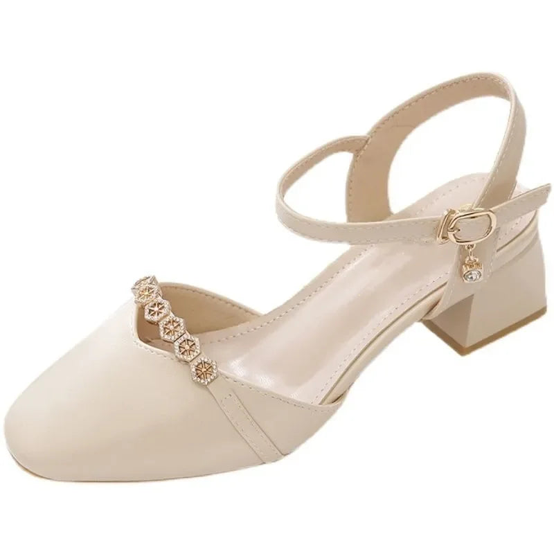 women classic high quality spring & summer buckle strap hollow out square heel shoes lady casual apricot office heels ca87