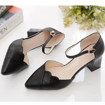 women classic high quality spring & summer buckle strap hollow out square heel shoes lady casual apricot office heels ca87
