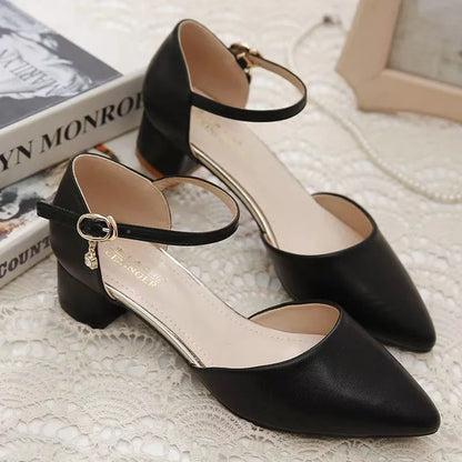women classic high quality spring & summer buckle strap hollow out square heel shoes lady casual apricot office heels ca87