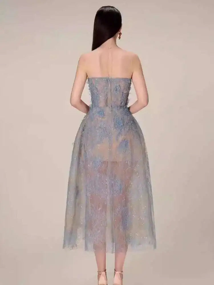 UCXQ Korean Style 3D Flower Sequin Lace Strapless Dress Elegant Multi-color Mesh Long Dresses Women 2025 New Spring Summer A7877