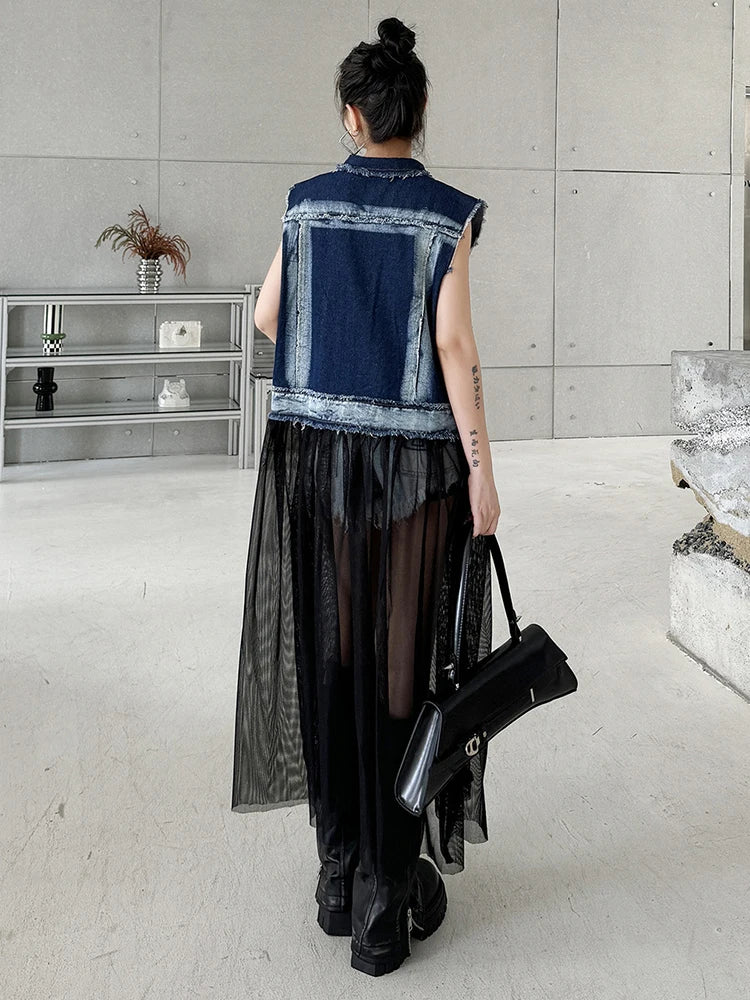EAM Women Blue Denim Burr Mesh Color-block Big Size Blouse New Lapel Sleeveless Shirt Fashion Tide Spring Autumn 2026 1DJ2069