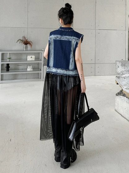 EAM Women Blue Denim Burr Mesh Color-block Big Size Blouse New Lapel Sleeveless Shirt Fashion Tide Spring Autumn 2026 1DJ2069