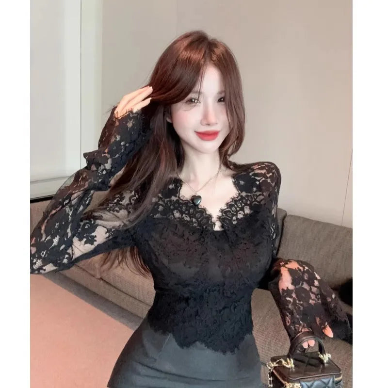 Bla Lace Floral Hollow out V-Ne Long Sve Women's Base irt Slim Fit Spring Autumn High Quali Sexy Top Korean Sle