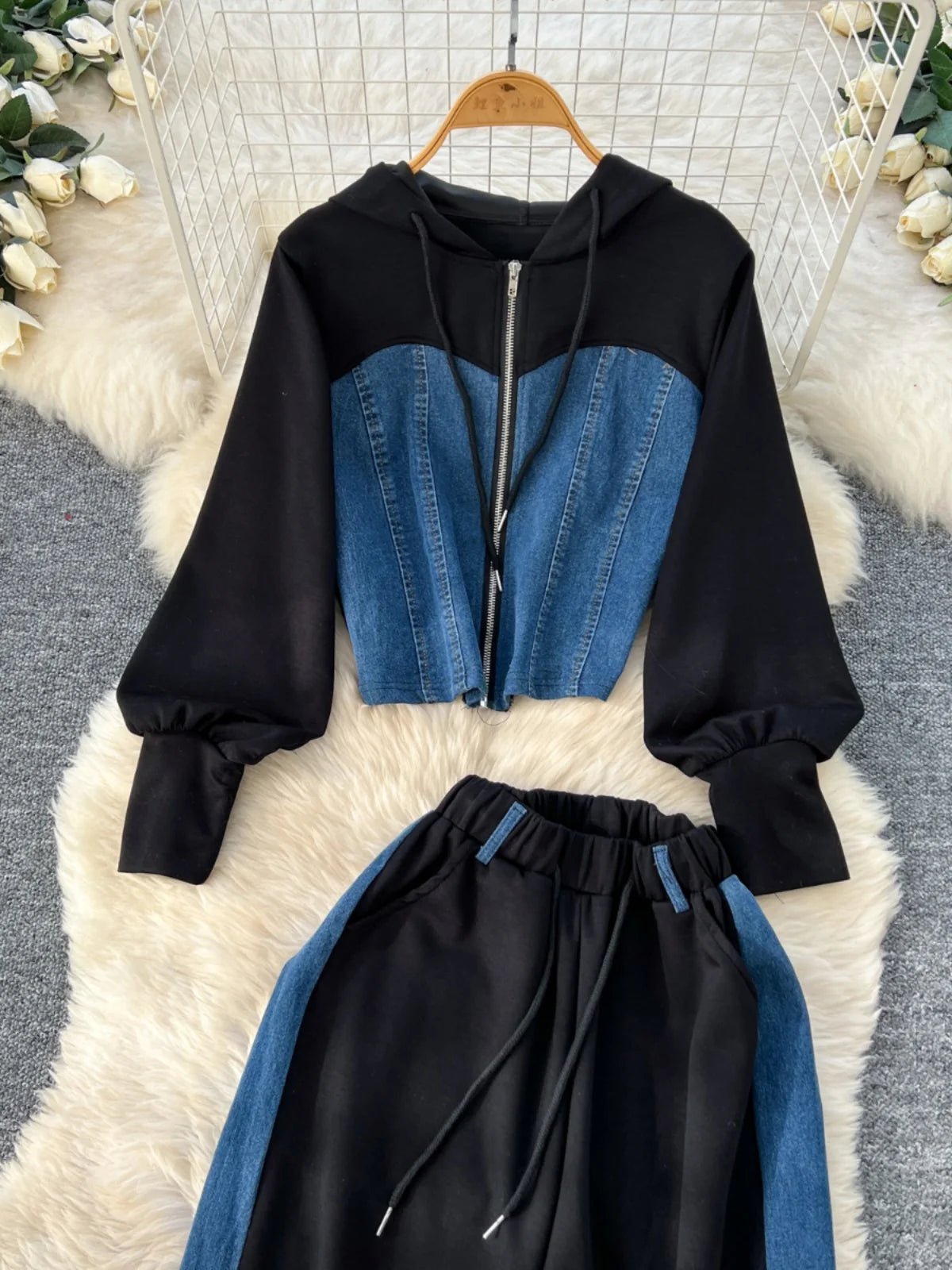Neploe Spring Hong Kong Style Casual Set Coat Pullover Hoody Panelled High Waist Wid Leg Pants Denim Lace Up Moda Suit Trousers