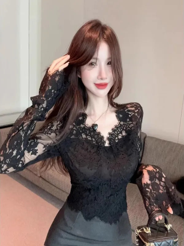 Bla Lace Floral Hollow out V-Ne Long Sve Women's Base irt Slim Fit Spring Autumn High Quali Sexy Top Korean Sle