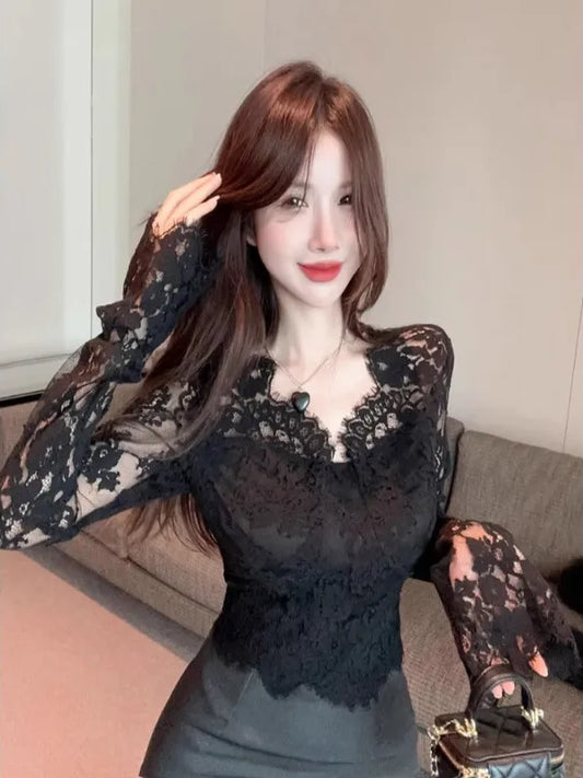Bla Lace Floral Hollow out V-Ne Long Sve Women's Base irt Slim Fit Spring Autumn High Quali Sexy Top Korean Sle