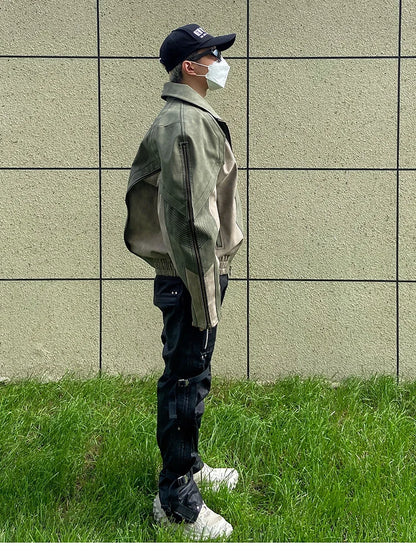 Mauroicardi Spring Autumn Cool Handsome Windproof Oversized Distressed Patchwork Pu Leather Jacket Men Zip Up European Fashion