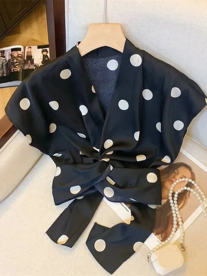 Sexy Cropped Dot Shirt Women Vintage Slim V Neck Short Sleeve Design Blouse French Retro Casual Bow Lace Up Summer Elegant Tops