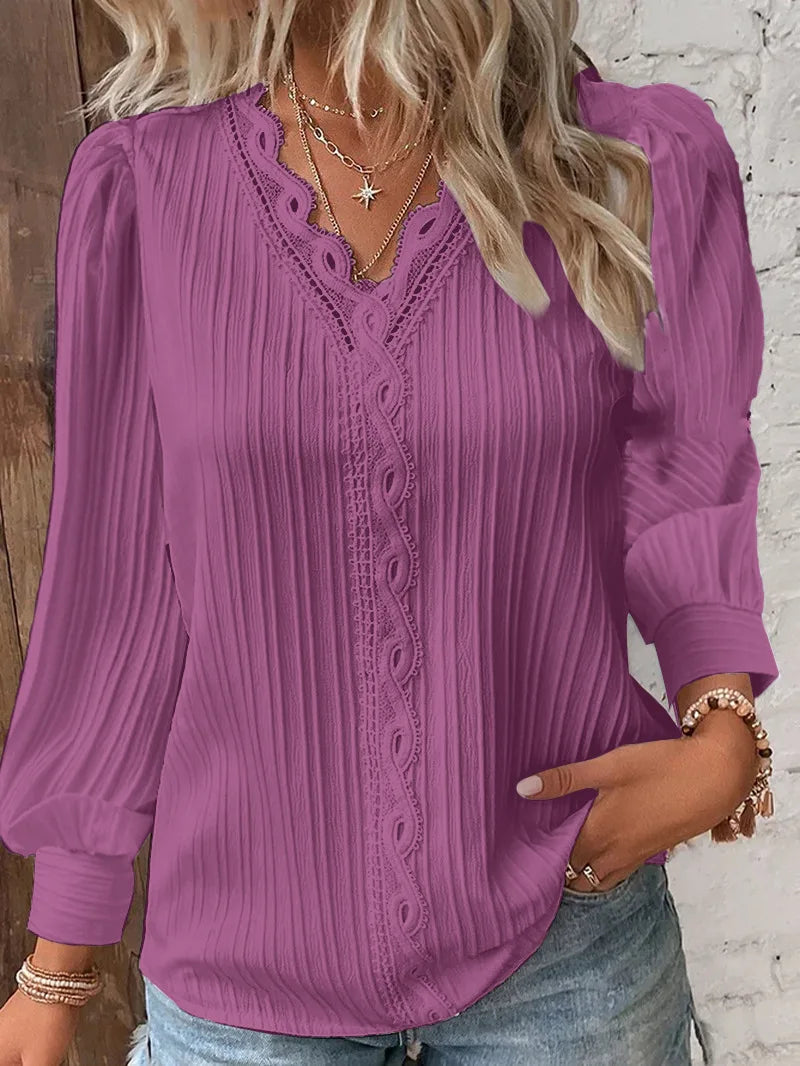 Women's White Blouses Lace Stitching V-neck Simple Chiffon Shirt Fall Long Sleeve Pullover Loose Top Elegant Street Blous Women