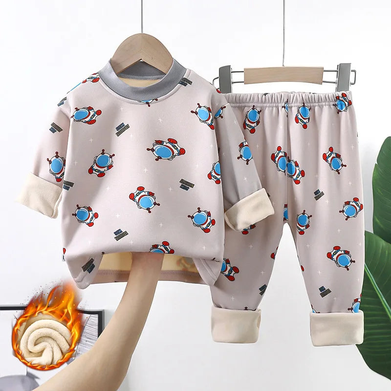 New 2025 Autumn Winter Kids Thicken Warm Pajamas Baby Boys Girls Cartoon Long Sleeve Pyjamas Toddler Sleepwear Clothing Sets