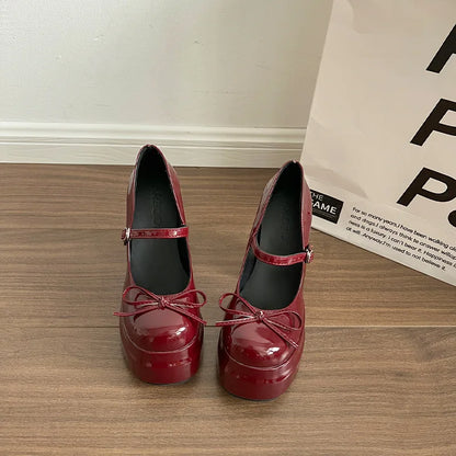 Comemore Platform Square High Heel Women's Mary Jane Shoes Fashion Butterfly-knot Shoes Spring Autumn Wedding Party Pumps Shoes