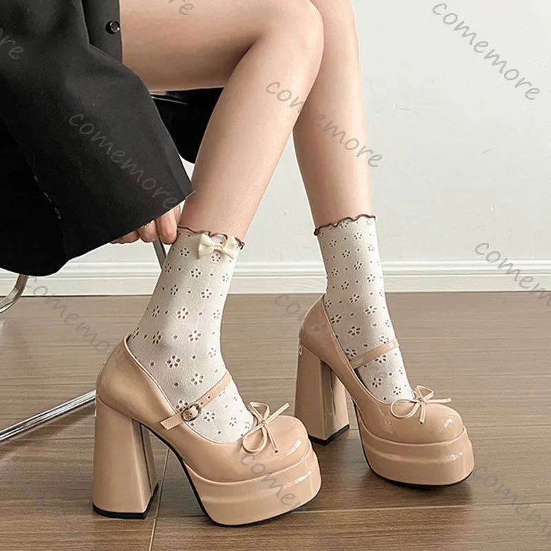 Comemore Platform Square High Heel Women's Mary Jane Shoes Fashion Butterfly-knot Shoes Spring Autumn Wedding Party Pumps Shoes