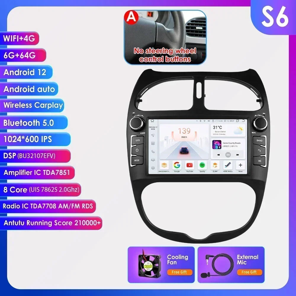 7862 Android Car Radio Player for Peugeot 206 206CC 206SW 2000 -2008 Car Stereo Multimedia Audio Wireless Carplay 7inch headunit