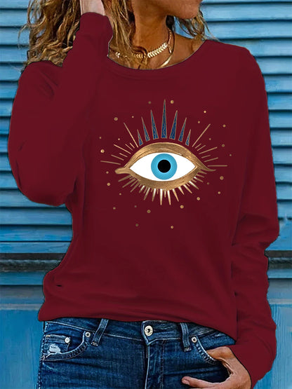 100% pure cotton women's spring and autumn loose comfortable eye pattern printed long sleeved round neck T-shirt