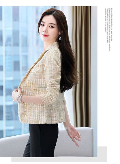 2025 Fashion Tweed Short Jacket Women's Plaid Blazers Coarse Woolen Coat Spring Autumn Casual Tops Slim Small Suit Jackets Lady