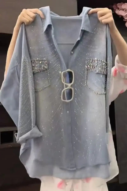 Luxury Style Sparkle Diamonds Stitch Pocket Denim Jacket For Women's Oversized Fashion Spring Autumn Thin Denim Cardigan Coat