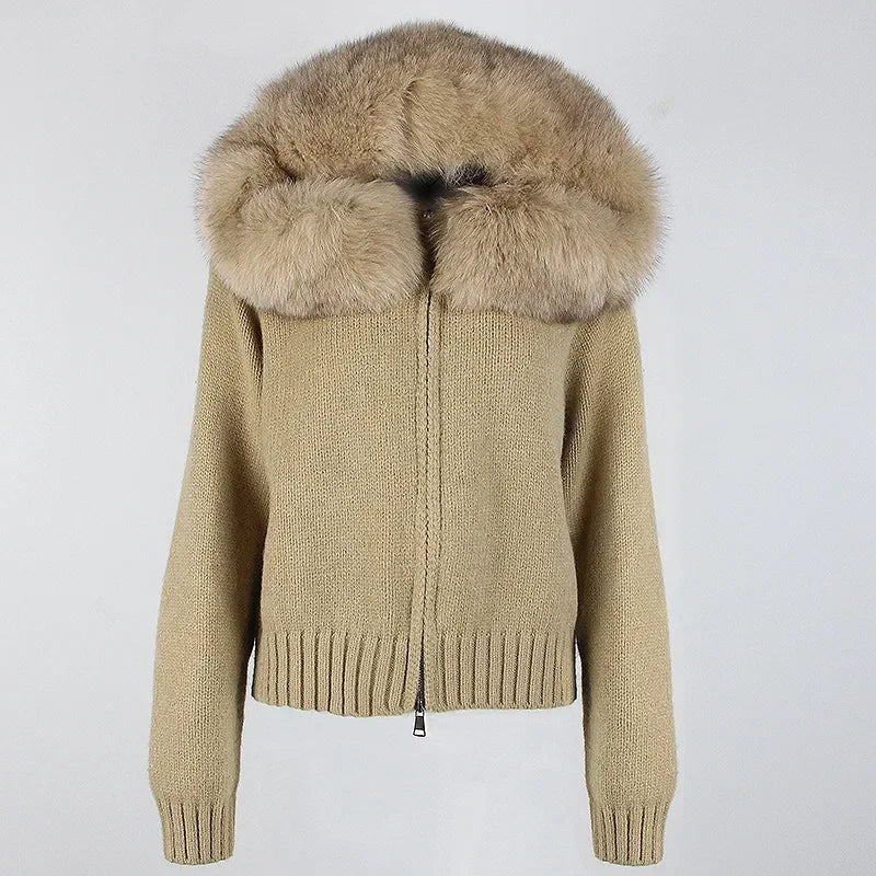 OFTBUY Real Mongolian Fur Knitwear Coat Women Cardigan Natural Fox Fur Coat Female Spring Autumn Hooded Knitted Fur Jacket