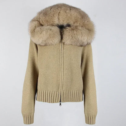 OFTBUY Real Mongolian Fur Knitwear Coat Women Cardigan Natural Fox Fur Coat Female Spring Autumn Hooded Knitted Fur Jacket
