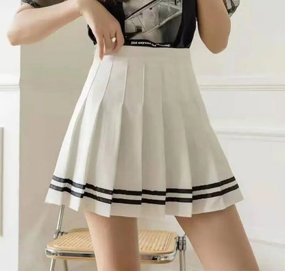 Spring and summer new striped a-line skirt pleated college style high waist side zipper skirts for women students