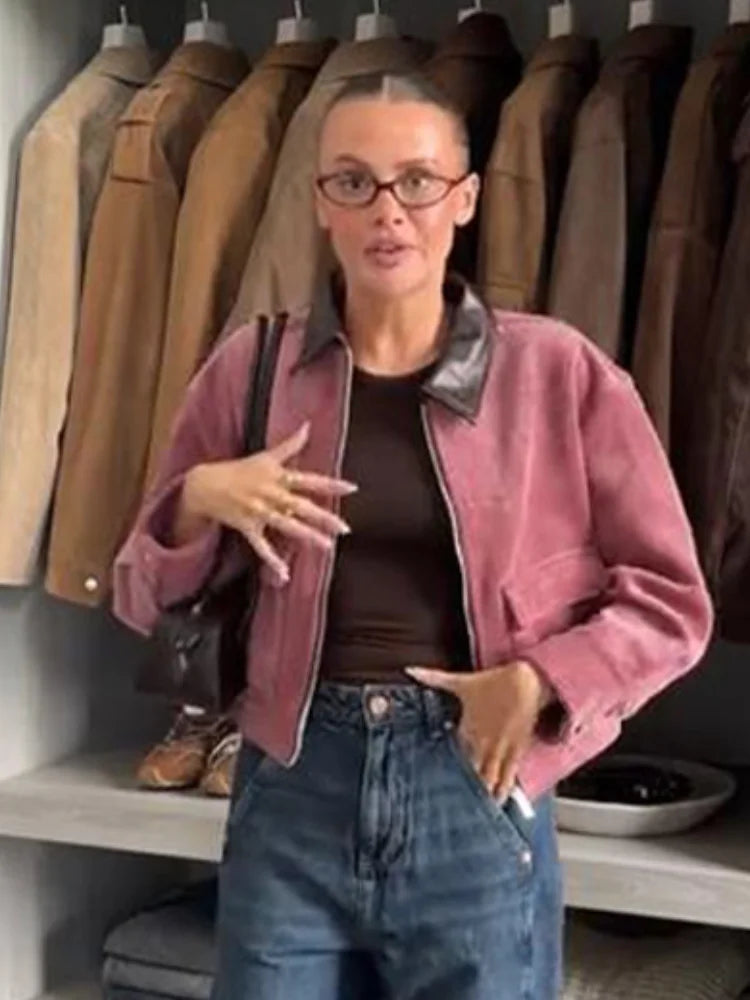 Fashion Corduroy Long Sleeve Zipper Jacket For Women PU Leather Collar Pockets Coat 2026 Spring New Lady Street Chic Outerwear