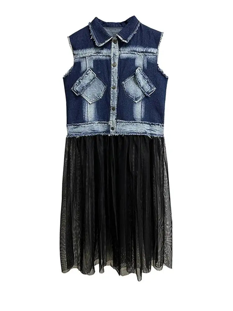 EAM Women Blue Denim Burr Mesh Color-block Big Size Blouse New Lapel Sleeveless Shirt Fashion Tide Spring Autumn 2026 1DJ2069
