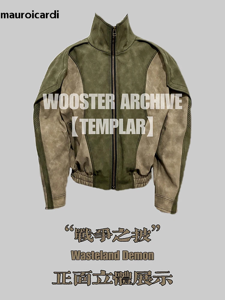 Mauroicardi Spring Autumn Cool Handsome Windproof Oversized Distressed Patchwork Pu Leather Jacket Men Zip Up European Fashion