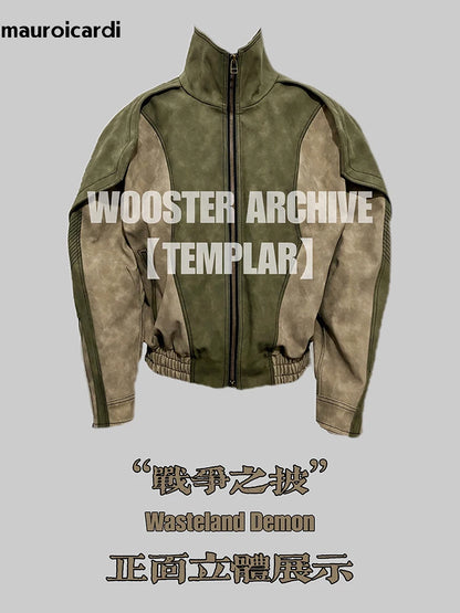 Mauroicardi Spring Autumn Cool Handsome Windproof Oversized Distressed Patchwork Pu Leather Jacket Men Zip Up European Fashion