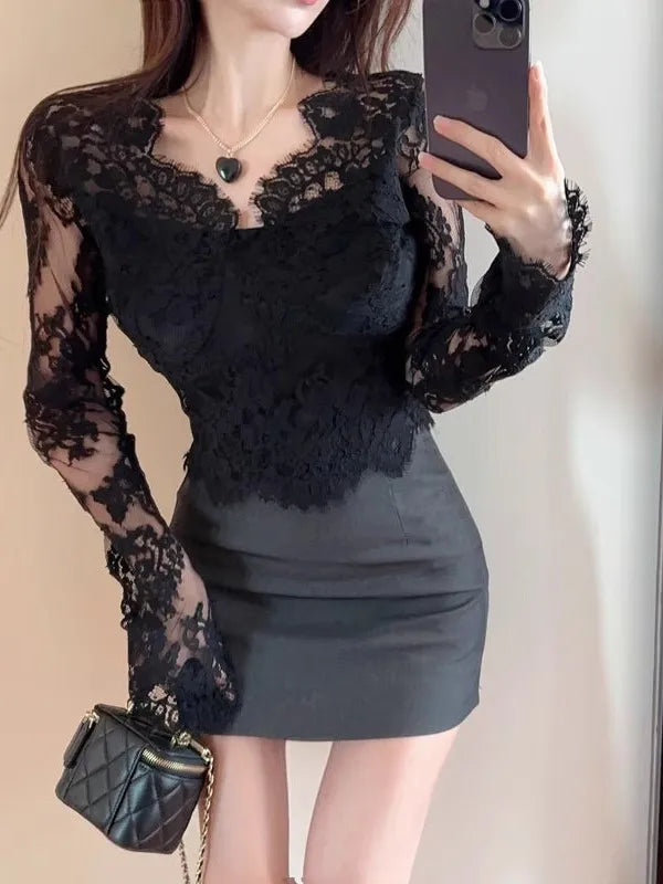 Bla Lace Floral Hollow out V-Ne Long Sve Women's Base irt Slim Fit Spring Autumn High Quali Sexy Top Korean Sle