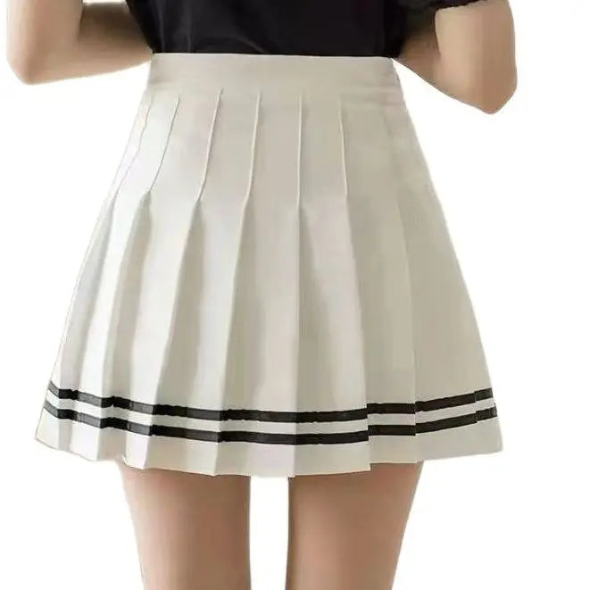 Spring and summer new striped a-line skirt pleated college style high waist side zipper skirts for women students
