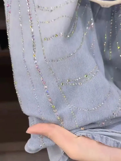 Luxury Style Sparkle Diamonds Stitch Pocket Denim Jacket For Women's Oversized Fashion Spring Autumn Thin Denim Cardigan Coat