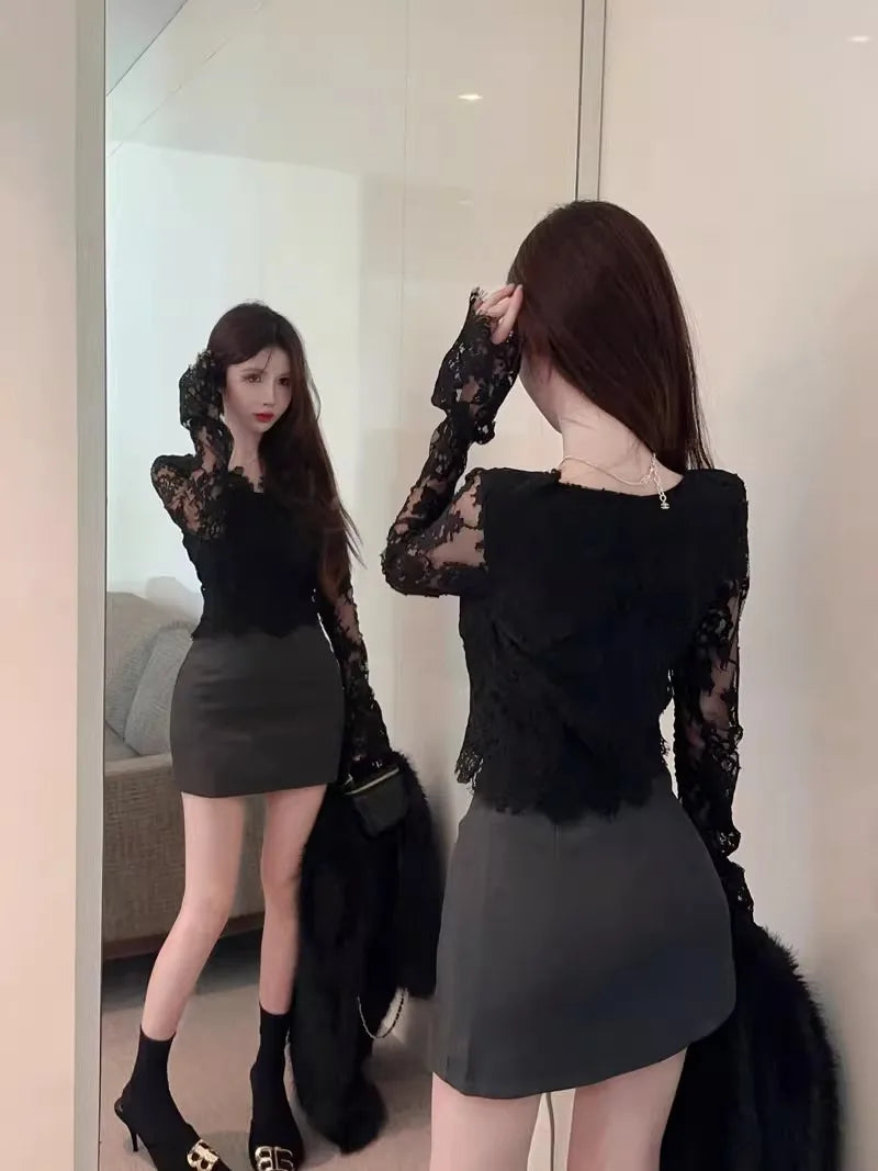 Bla Lace Floral Hollow out V-Ne Long Sve Women's Base irt Slim Fit Spring Autumn High Quali Sexy Top Korean Sle