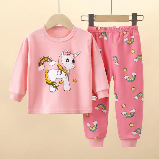 Kids Autumn Casual Pajamas Boys Girls Cute Cartoon Unicorn Long Sleeve T-Shirt + Pants Pyjamas Toddler Baby Warm Clothing Sets