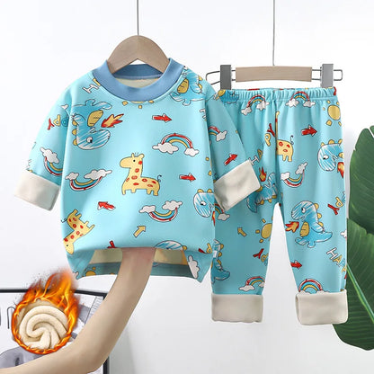 New 2025 Autumn Winter Kids Thicken Warm Pajamas Baby Boys Girls Cartoon Long Sleeve Pyjamas Toddler Sleepwear Clothing Sets