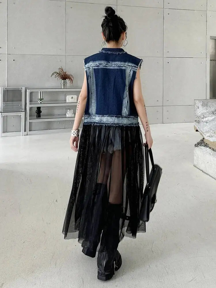 EAM Women Blue Denim Burr Mesh Color-block Big Size Blouse New Lapel Sleeveless Shirt Fashion Tide Spring Autumn 2026 1DJ2069