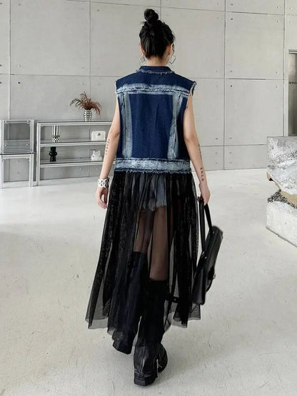 EAM Women Blue Denim Burr Mesh Color-block Big Size Blouse New Lapel Sleeveless Shirt Fashion Tide Spring Autumn 2026 1DJ2069
