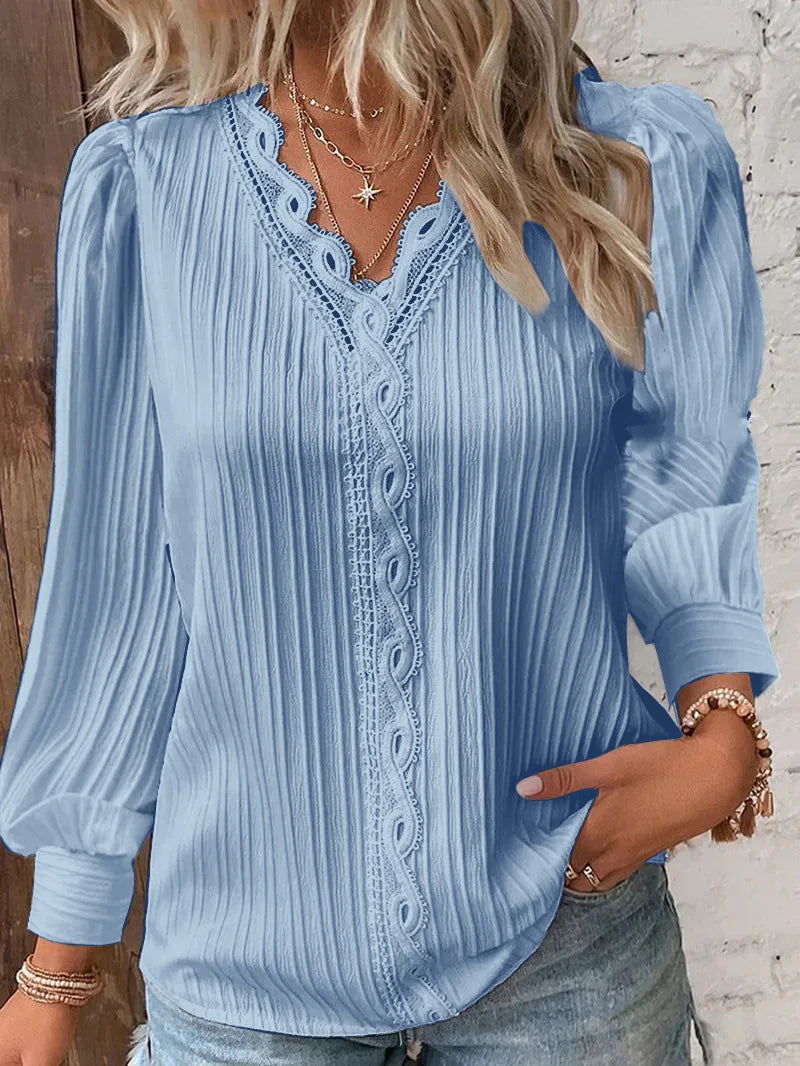 Women's White Blouses Lace Stitching V-neck Simple Chiffon Shirt Fall Long Sleeve Pullover Loose Top Elegant Street Blous Women