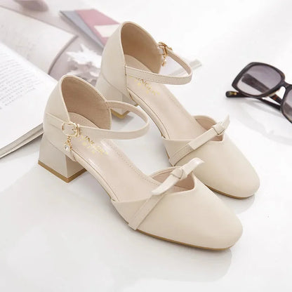 women classic high quality spring & summer buckle strap hollow out square heel shoes lady casual apricot office heels ca87