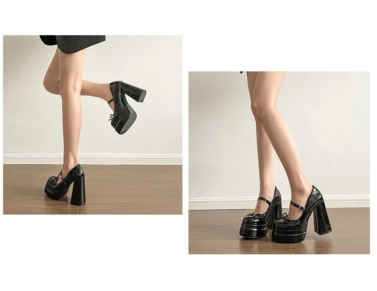 Comemore Platform Square High Heel Women's Mary Jane Shoes Fashion Butterfly-knot Shoes Spring Autumn Wedding Party Pumps Shoes