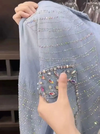 Luxury Style Sparkle Diamonds Stitch Pocket Denim Jacket For Women's Oversized Fashion Spring Autumn Thin Denim Cardigan Coat