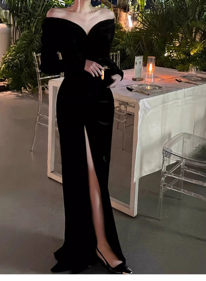 Lautaro Spring Long Sexy Black Stretchy Fitted Birthday Party Evening Dresses for Women Luxury Elegant Off the Shoulder Clothing