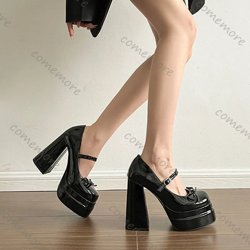 Comemore Platform Square High Heel Women's Mary Jane Shoes Fashion Butterfly-knot Shoes Spring Autumn Wedding Party Pumps Shoes