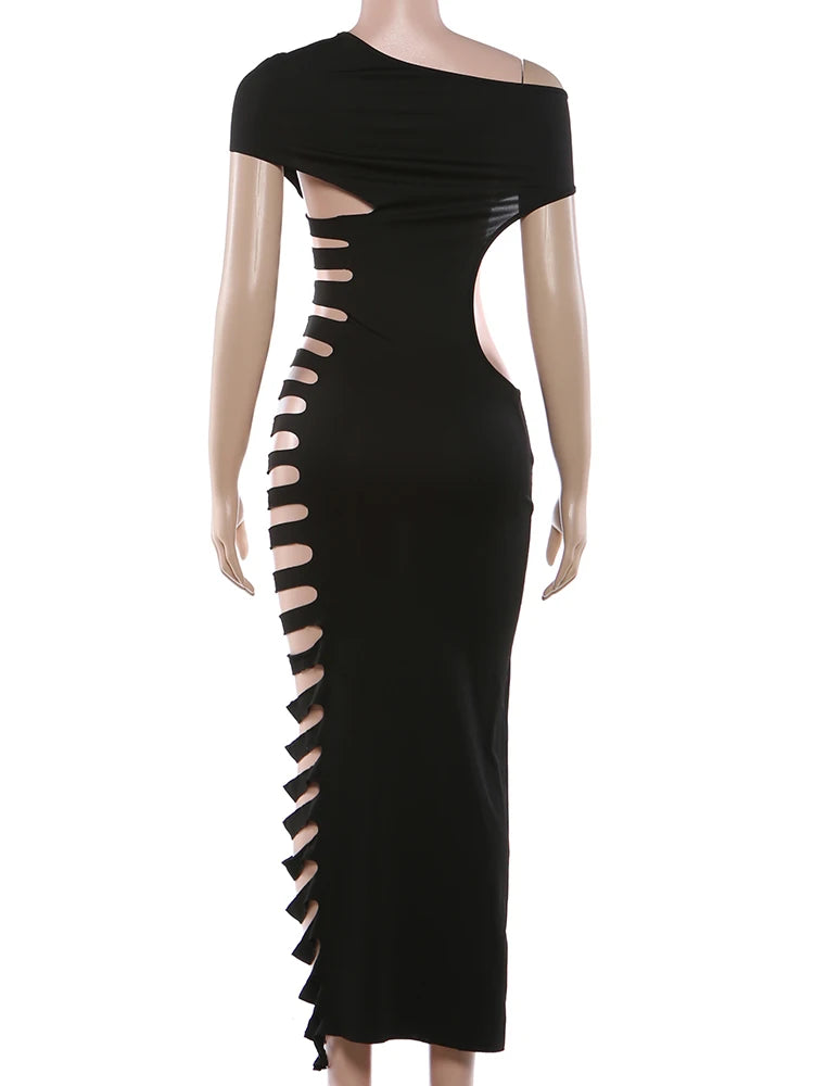 Kliou Sexy Hollow Design Long Dress Woman Skew Collar Off Shoulder Skinny High Waist Robe Midnight Club Party Fashion Vestidos