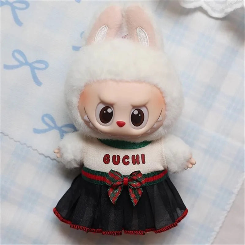 15 17cm For Labubu Doll Luxury Fashion Red Blue Stripe Dress Skirt Outfit Clothing Leather Shoes Set Ropa Clothes Accessories