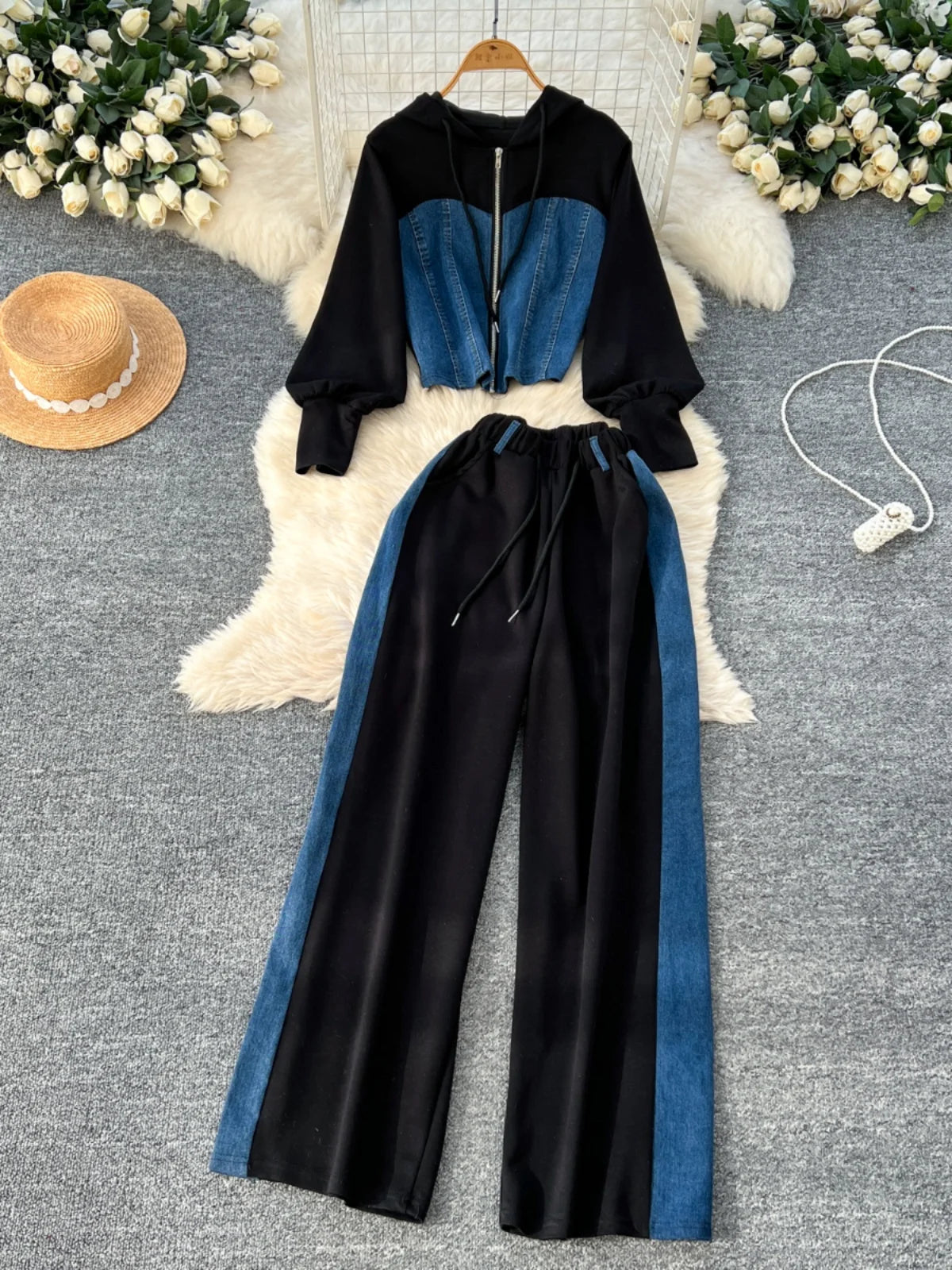 Neploe Spring Hong Kong Style Casual Set Coat Pullover Hoody Panelled High Waist Wid Leg Pants Denim Lace Up Moda Suit Trousers