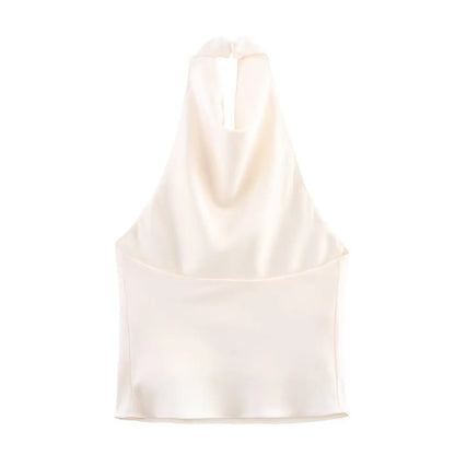 HH Spring Elegant Women Satin Halter Tops 2026 Summer Backless Off Shoulder Corset Vest Female Fashion Slim Crop Tank Top