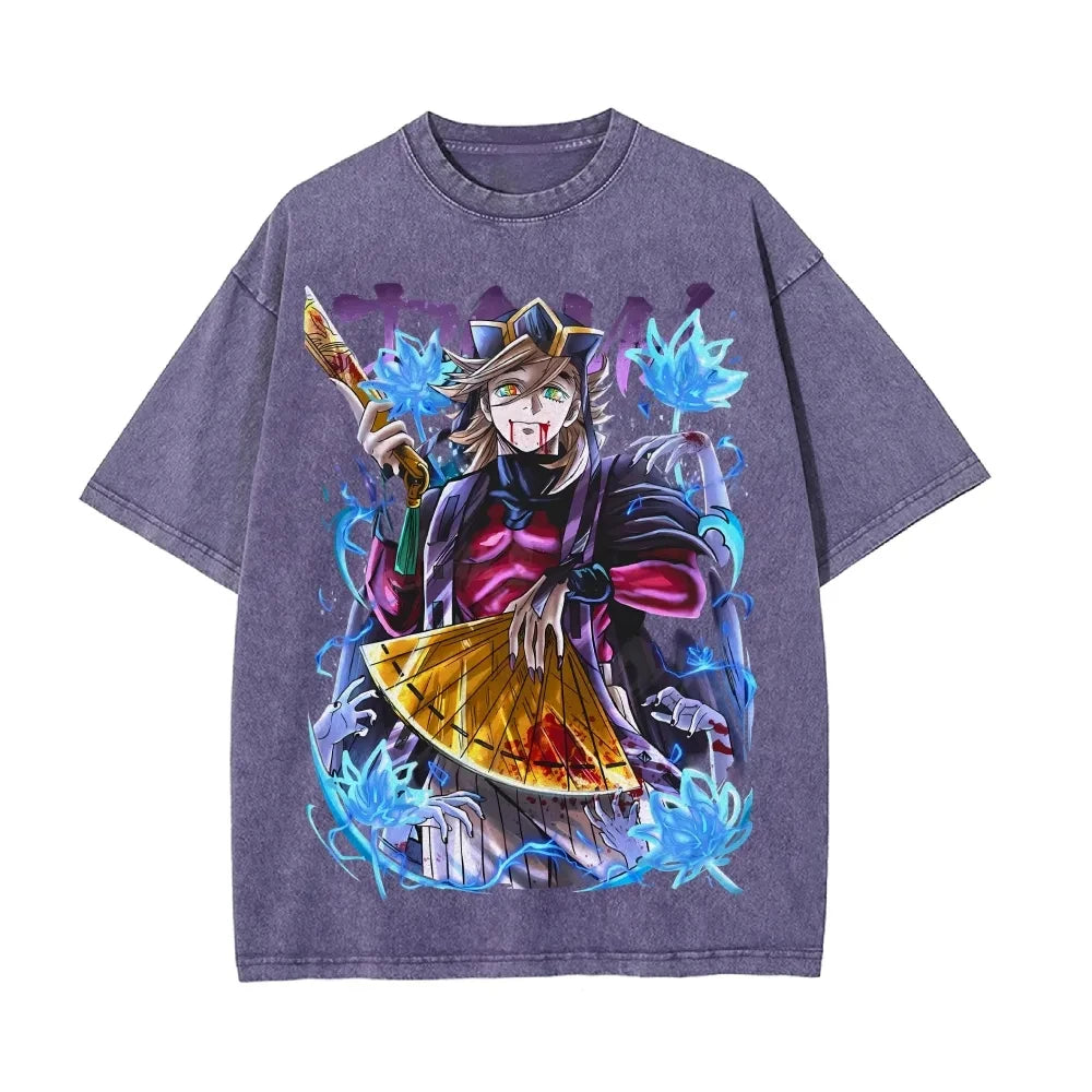 Demon Slayer Men's and Women's Washed T-Shirt Douma Summer and Spring New Anime Tee Retro Distressed Oversize Short Sleeve